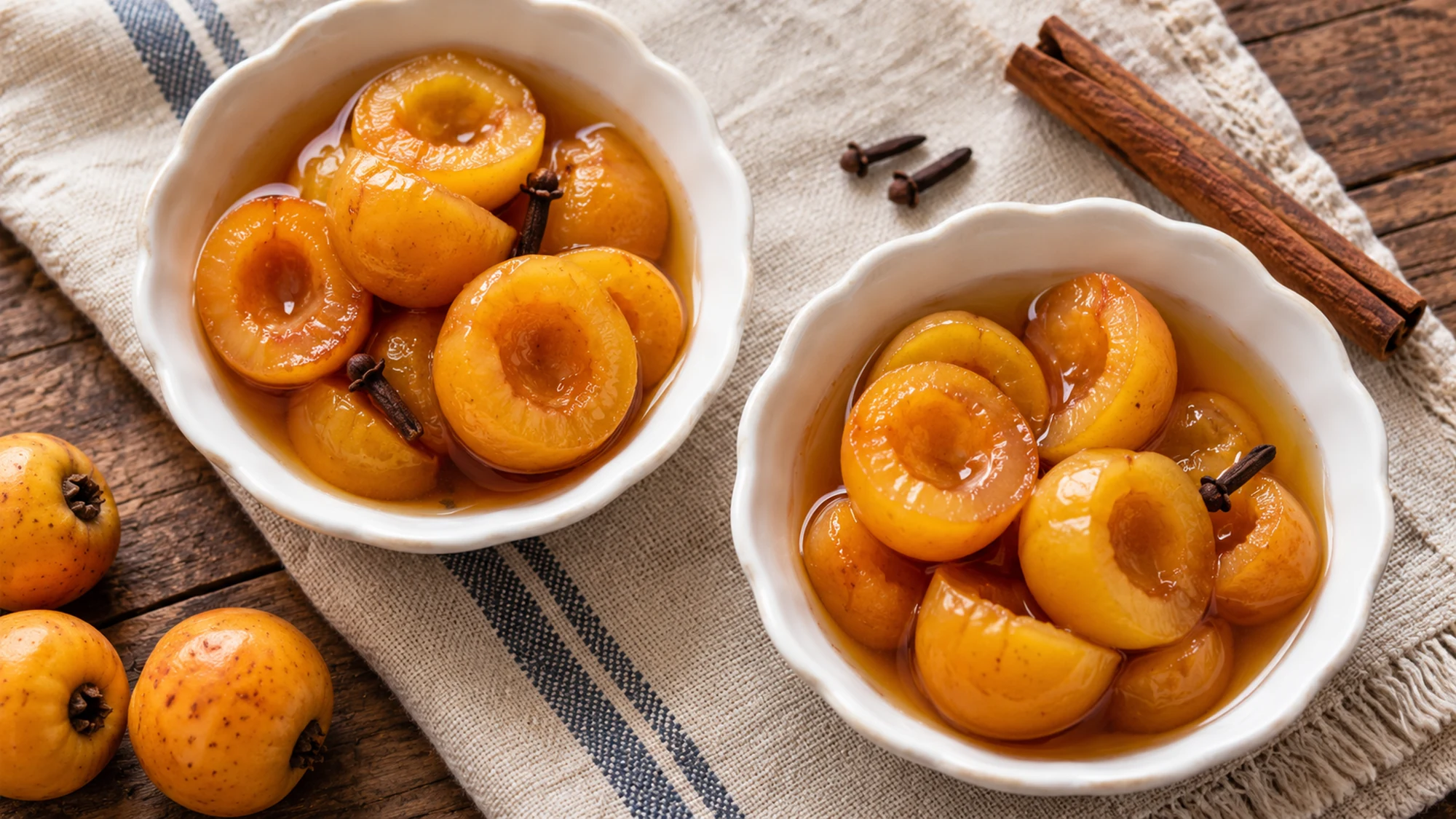 Two small bowls of dulce de tejocote halves in light amber syrup.