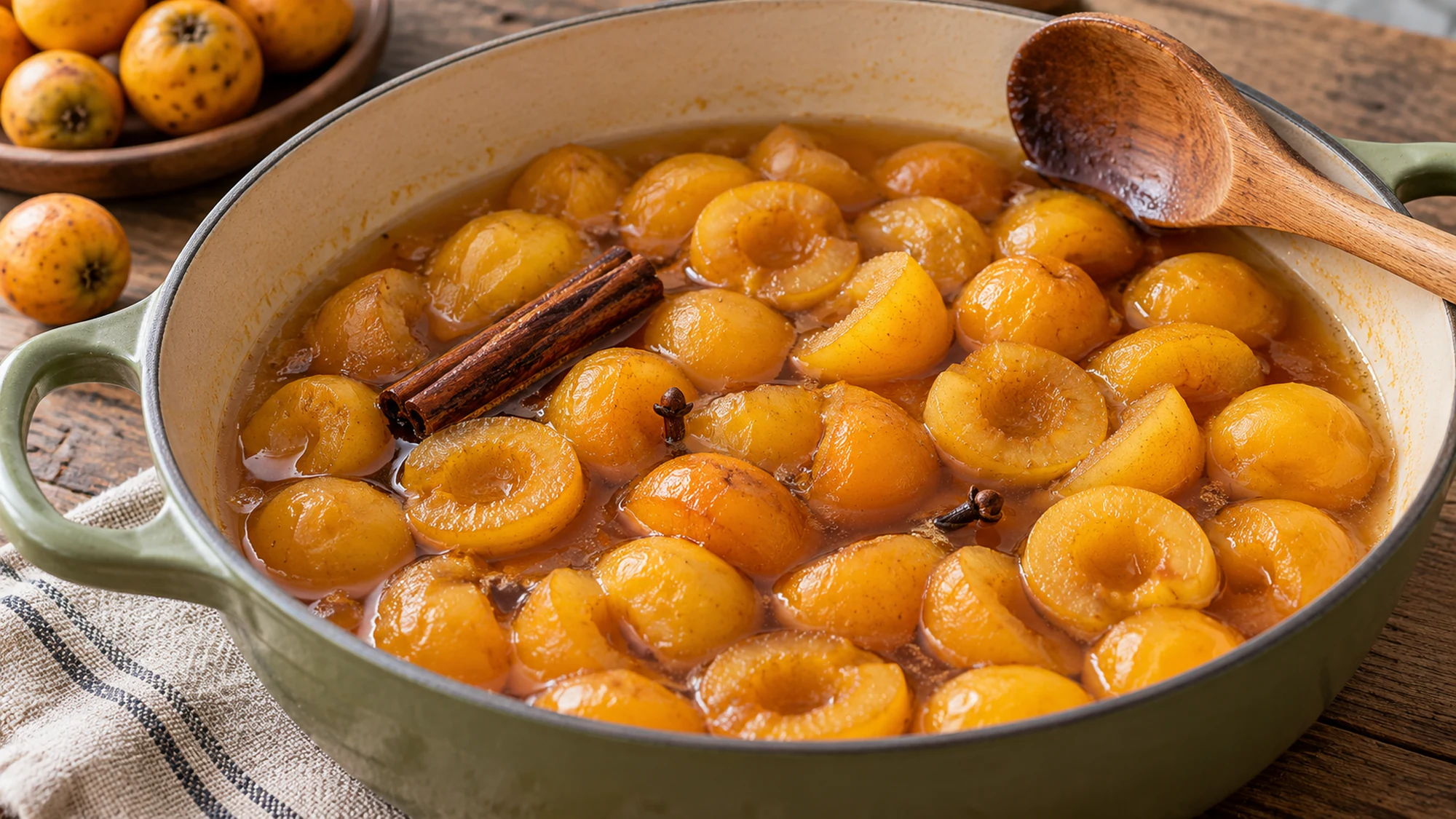 Dulce de tejocote halves simmering in a wide pan with cinnamon and piloncillo syrup.