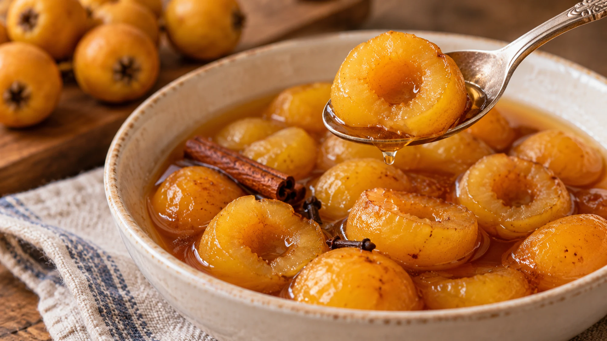 A spoon lifting a tender dulce de tejocote half from its amber syrup.