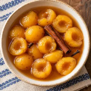 Dulce de tejocote served in a bowl with cinnamon-piloncillo syrup.