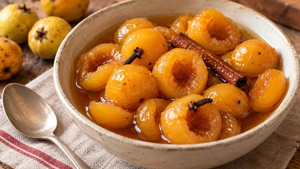 Dulce de tejocote halves in cinnamon-piloncillo syrup with a spoon beside the bowl.