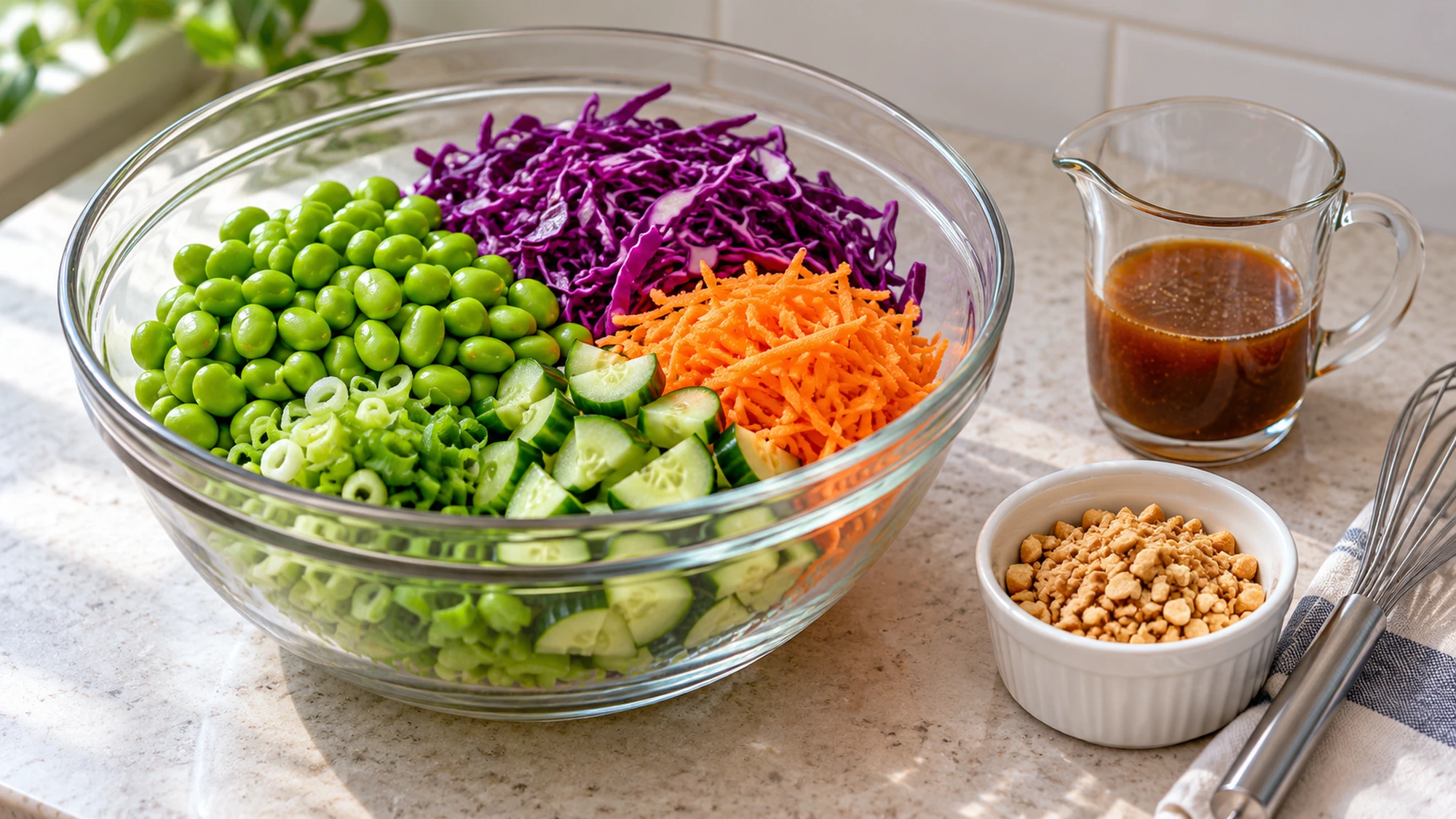 Cooked edamame and chopped vegetables in a glass bowl beside peanuts and a dressing jug.