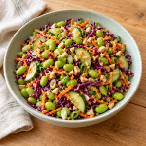 Edamame crunch salad with colorful vegetables and roasted peanuts in a pale celadon bowl.