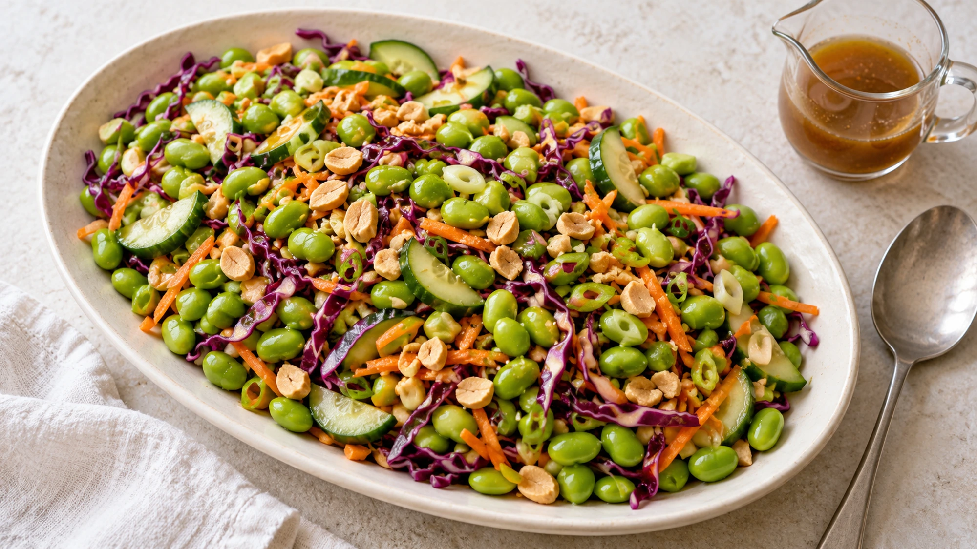 Edamame crunch salad on an oval ivory platter with lime-sesame dressing alongside.