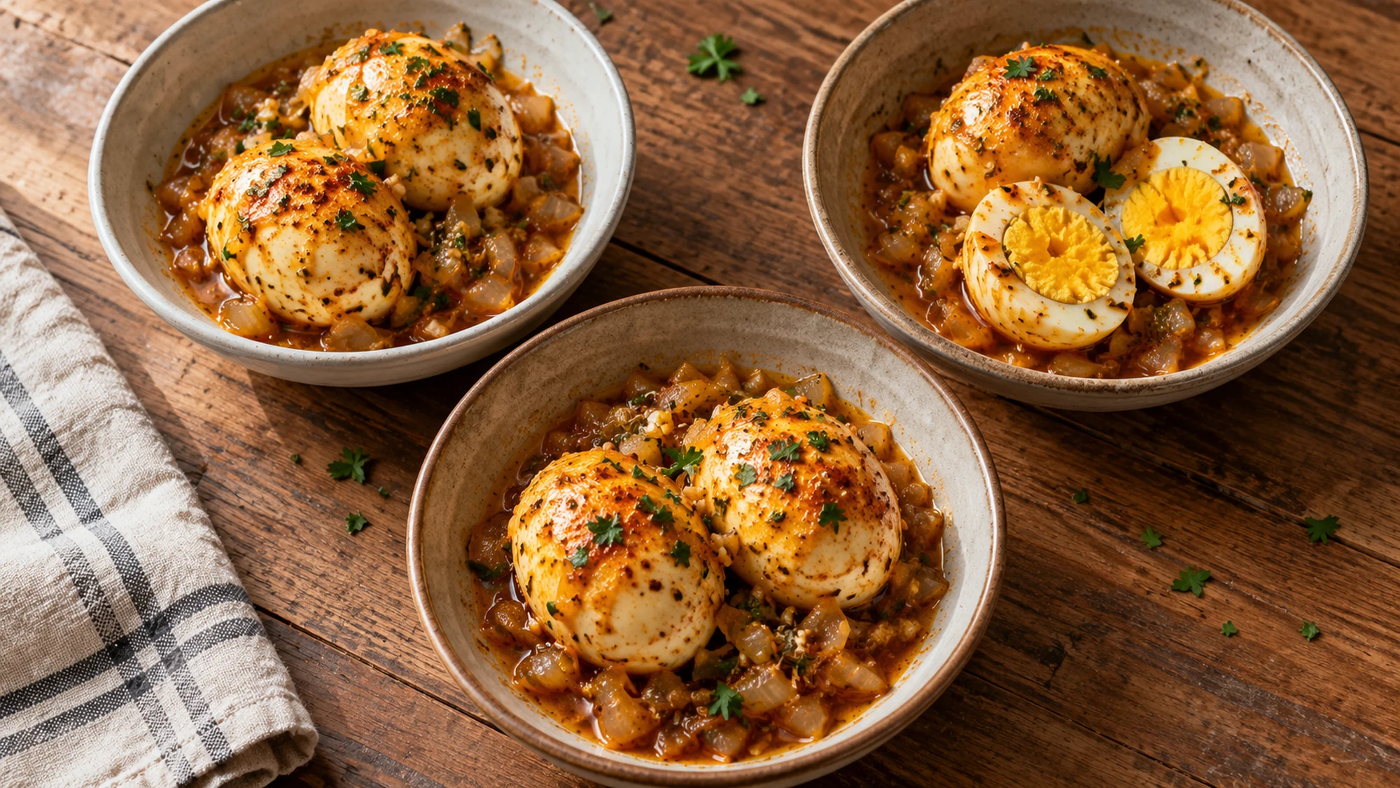 Three small bowls of egg boil with sauced hard-cooked eggs for serving.