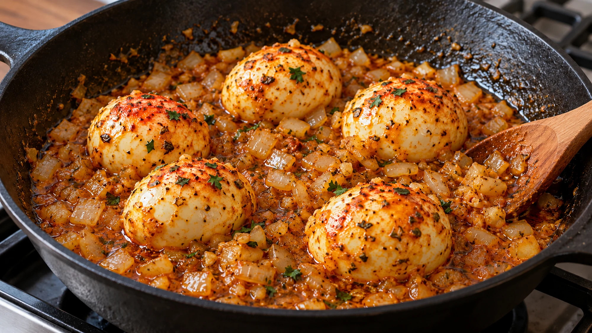 Six peeled eggs for egg boil coated in a skillet of onion-garlic paprika butter sauce.