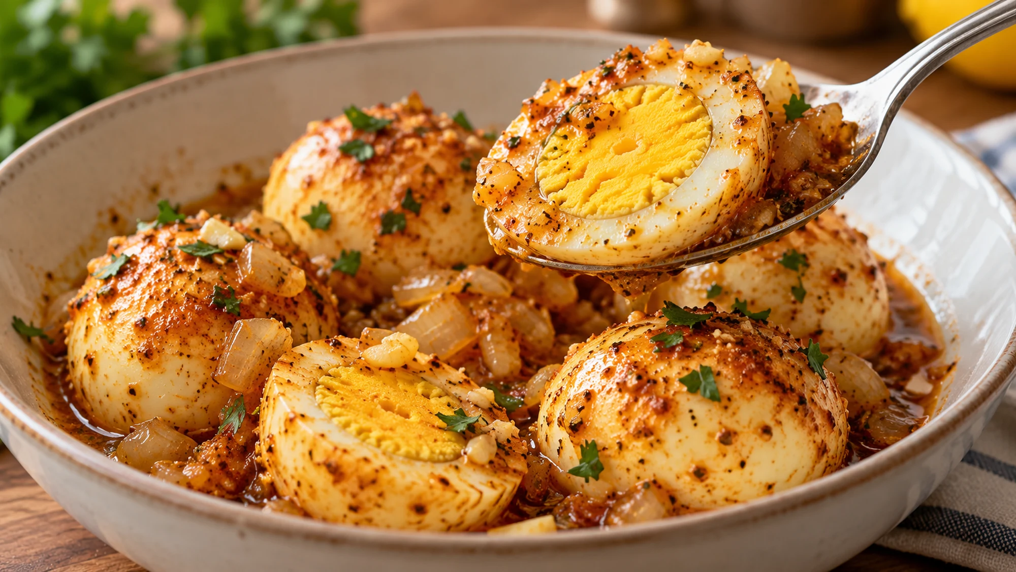 A spoon lifts a halved hard-cooked egg above the warm onion sauce in an egg boil.