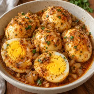 Egg boil with hard-cooked eggs in a warm paprika-onion butter sauce.