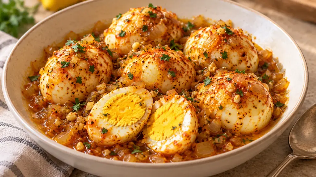 Egg boil with firm cooked eggs in an onion-garlic paprika butter sauce.