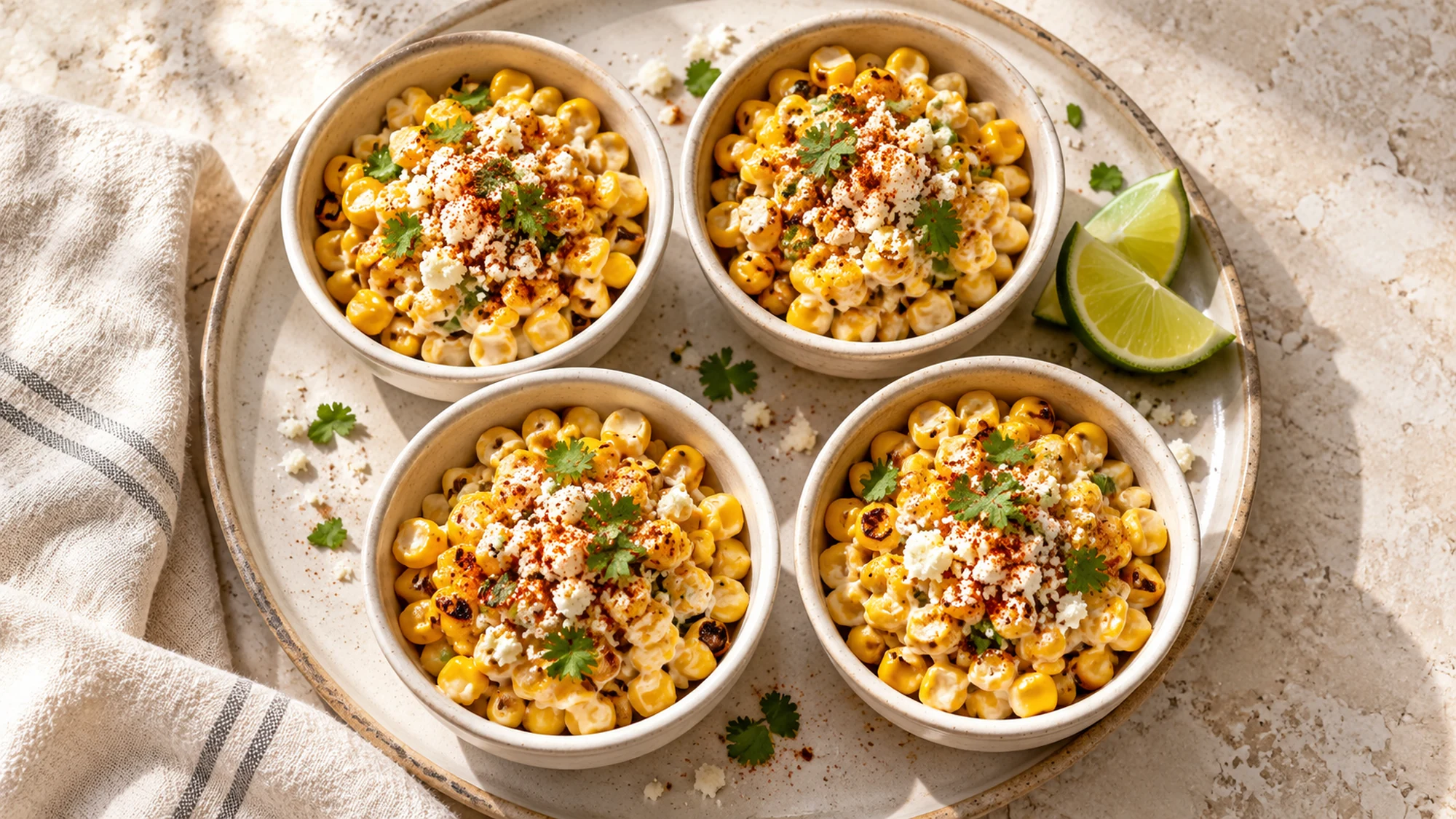 Four small cups of esquite with Cotija, cilantro and lime