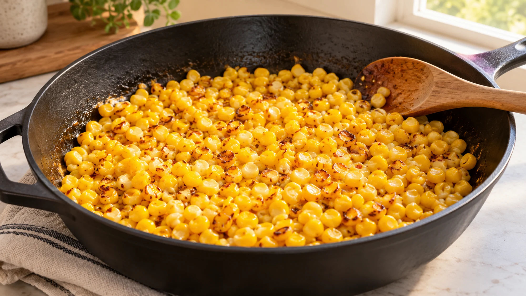 Corn kernels browning in a skillet for esquite