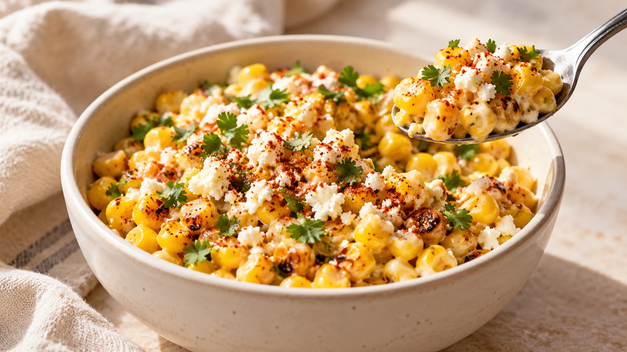 A spoon lifting creamy esquite topped with Cotija and cilantro