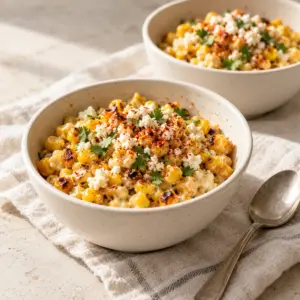 Esquite served in small bowls with Cotija, chili and cilantro