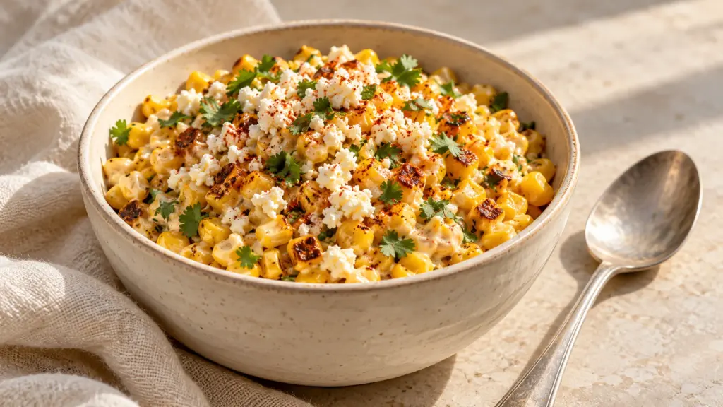 Esquite with golden corn, Cotija, cilantro and chili in a bowl