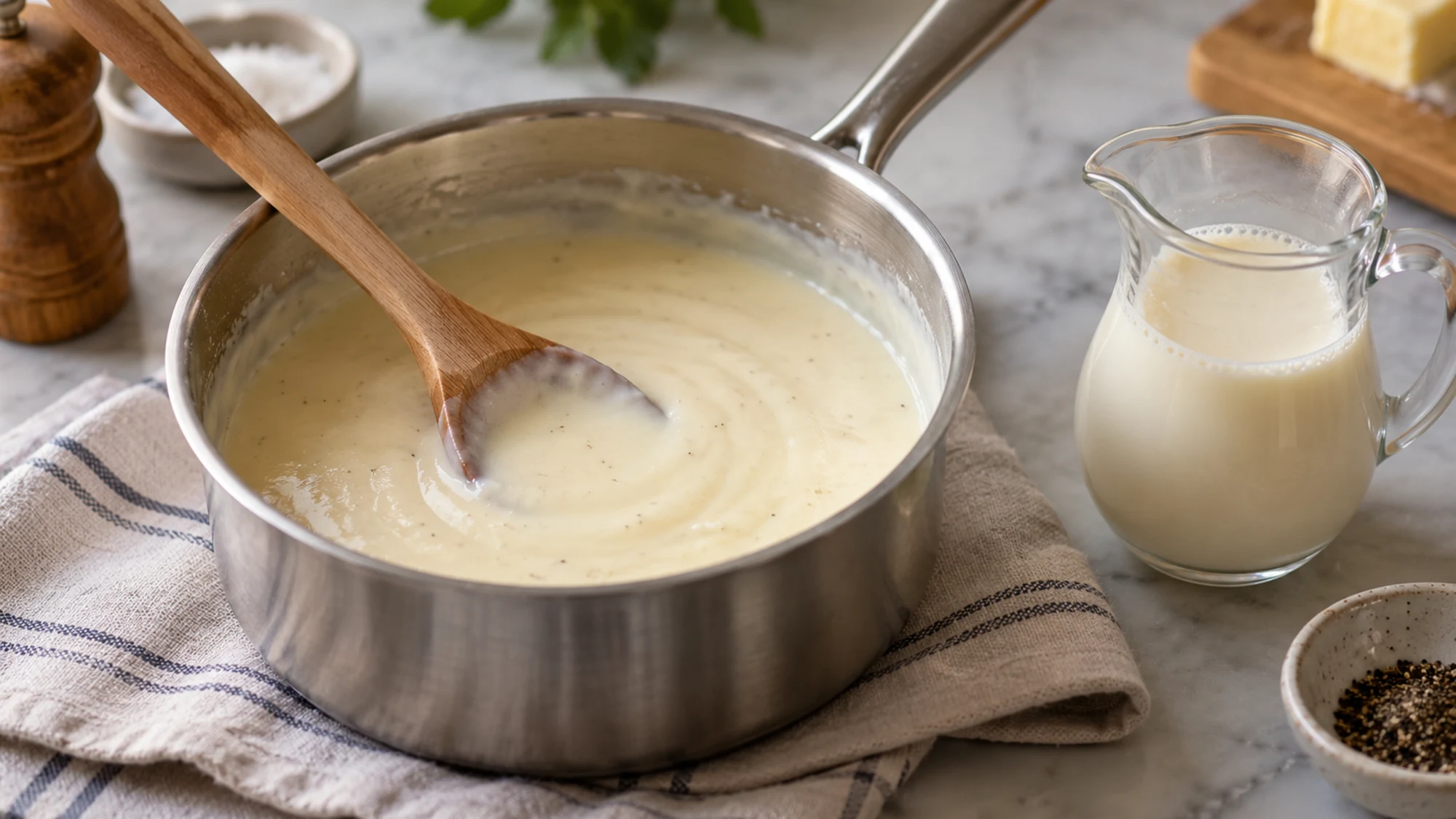 Creamy sauce in a saucepan beside a jug of evaporated milk.