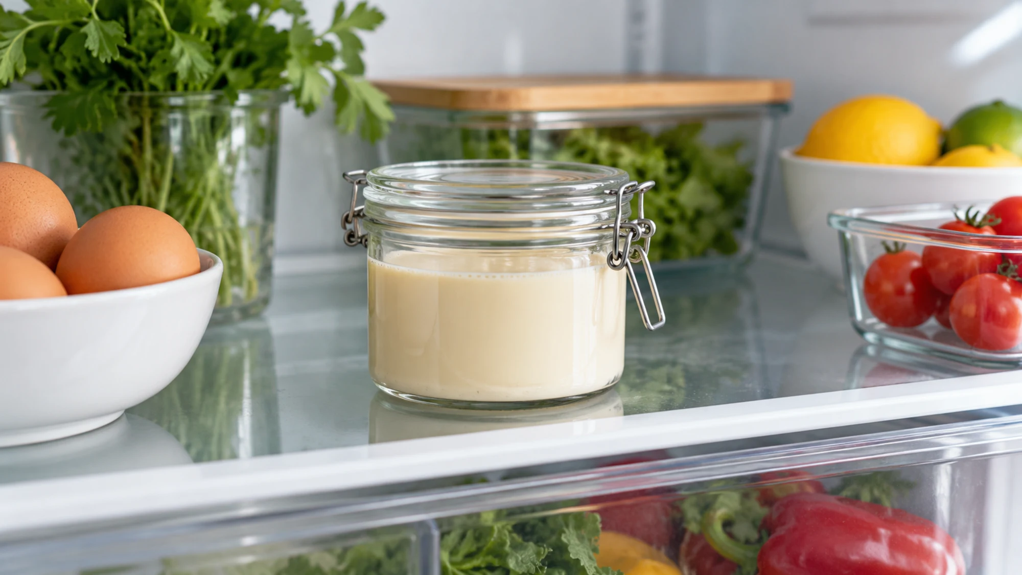 Evaporated milk stored in a closed glass container on a refrigerator shelf.