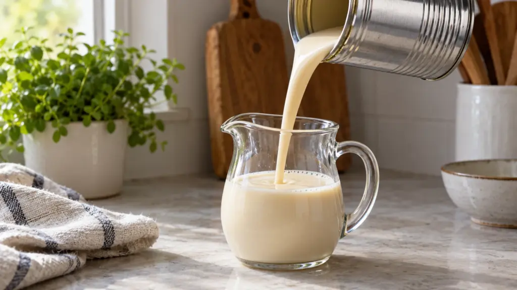 Evaporated milk pouring from an unbranded can into a glass jug.