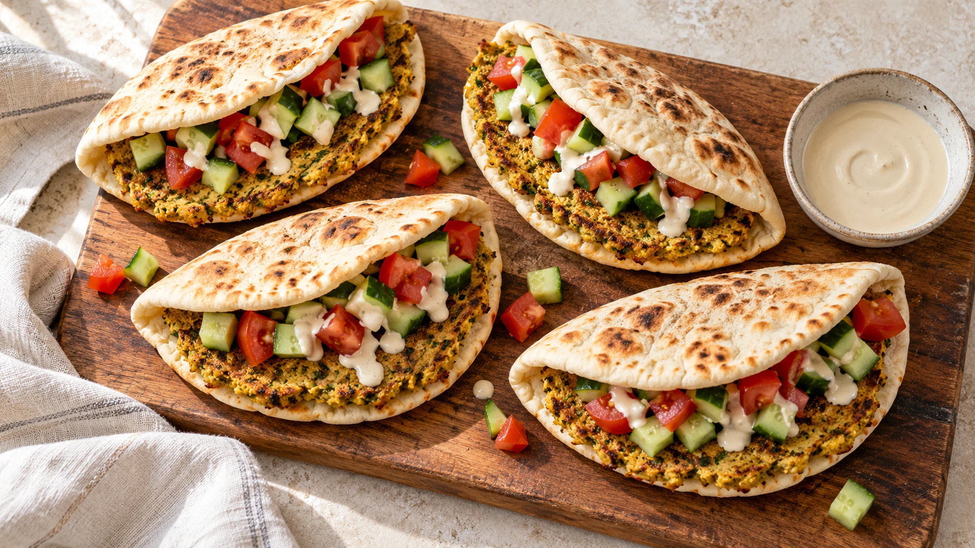 Falafel smash pita servings with fresh vegetables and yogurt-tahini sauce