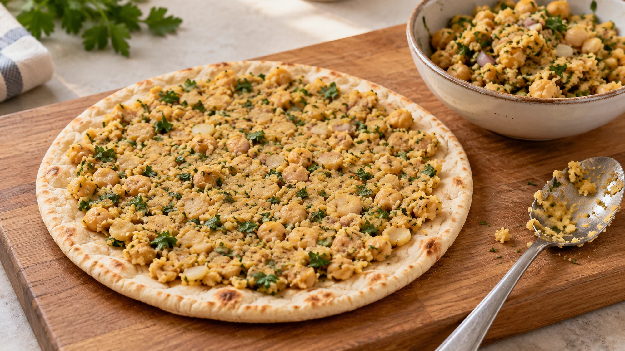 Coarse chickpea and parsley mixture spread thinly on falafel smash pita before cooking