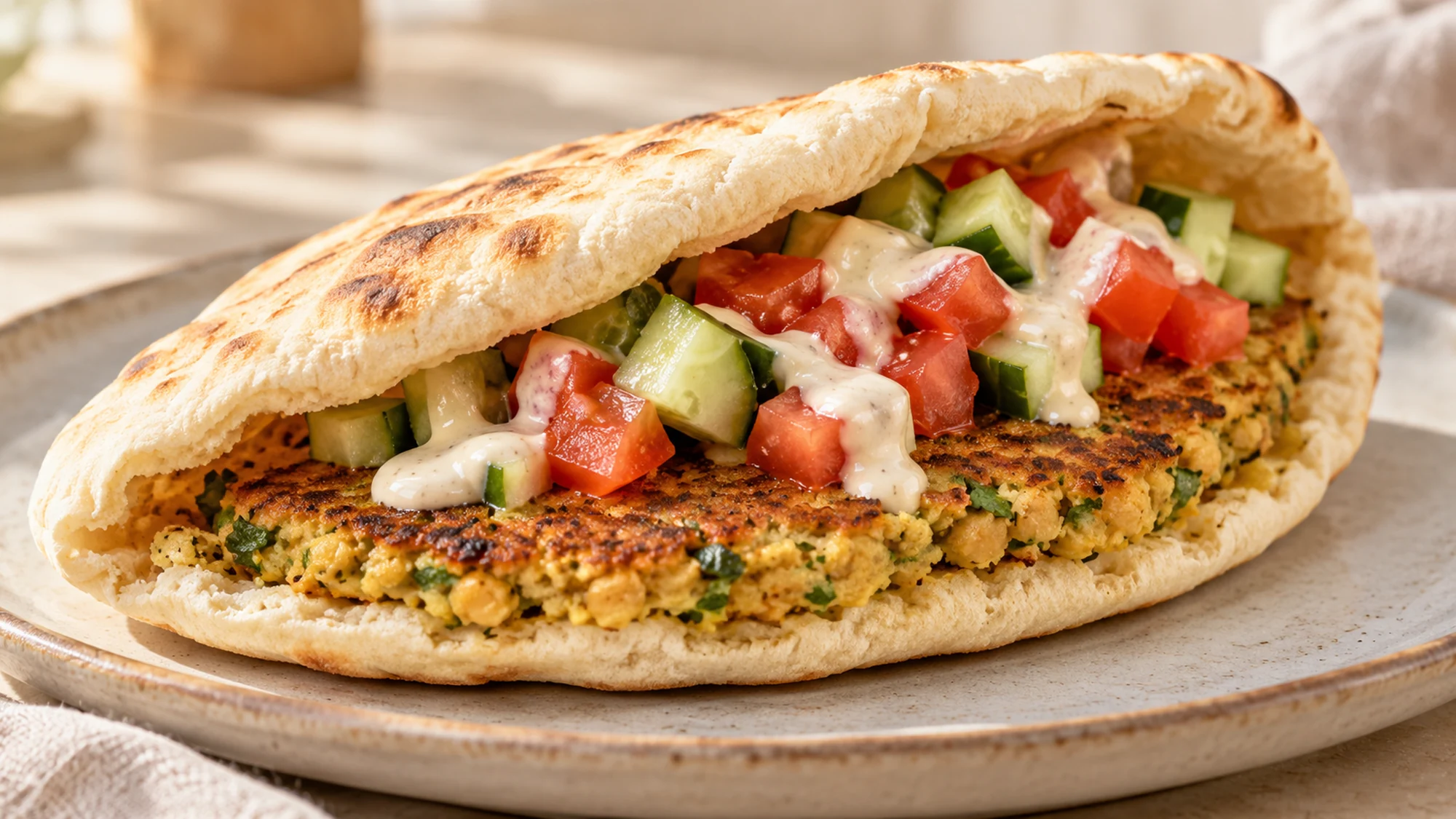 Falafel smash pita showing the golden chickpea crust beneath tomato and cucumber