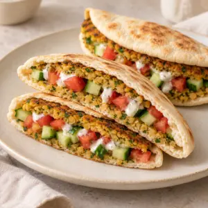 Falafel smash pita folded around chickpea coating, vegetables and tangy sauce