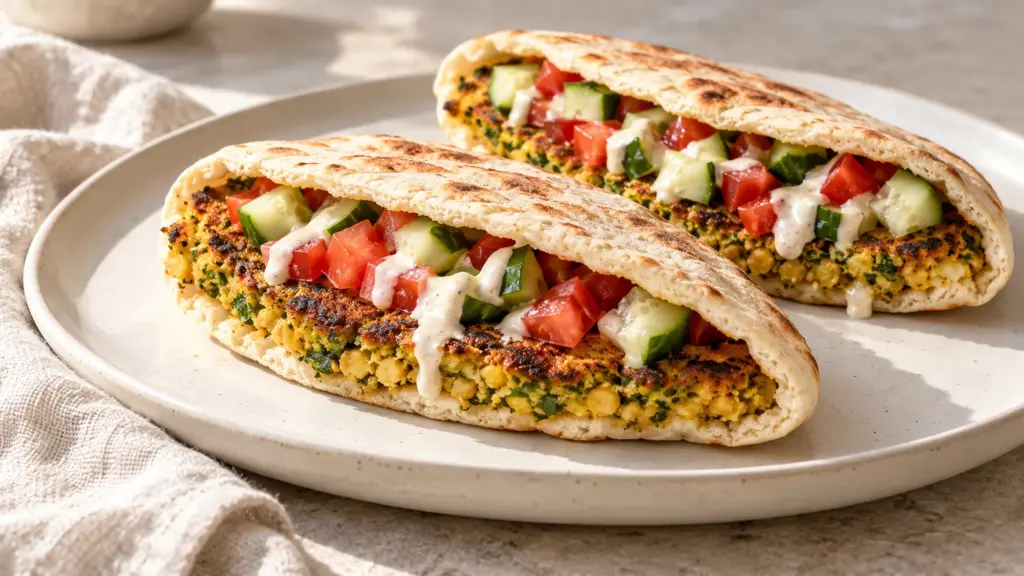 Falafel smash pita with a golden chickpea layer, cucumber, tomato and sauce
