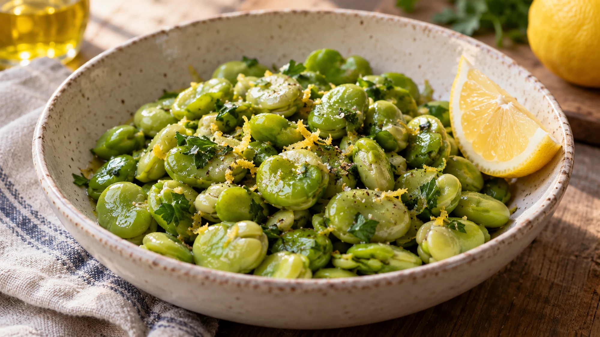 Cooked green fava beans with herbs and lemon in a shallow ceramic bowl.