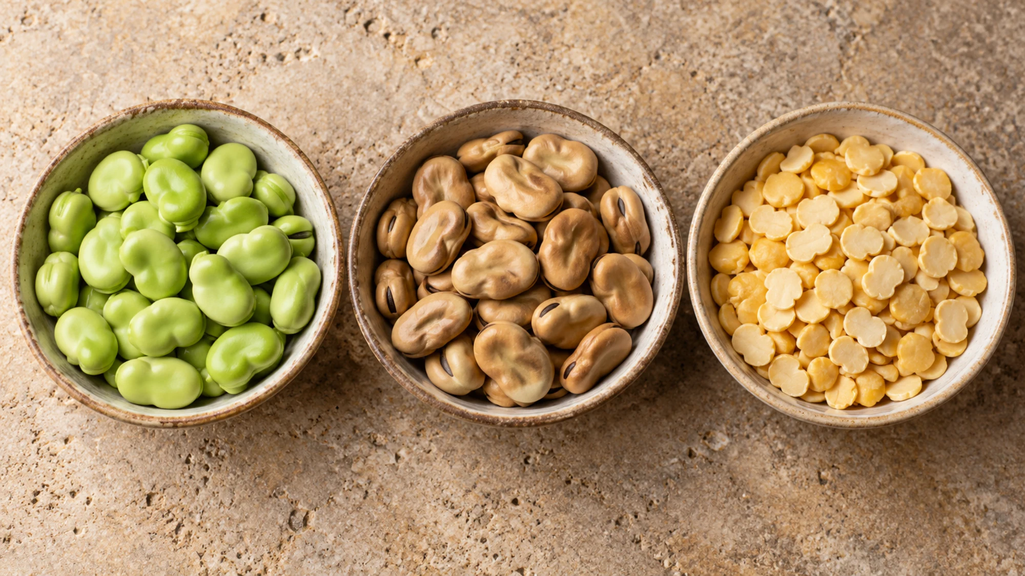 Separate bowls of fresh green, dried whole and dried split fava beans.