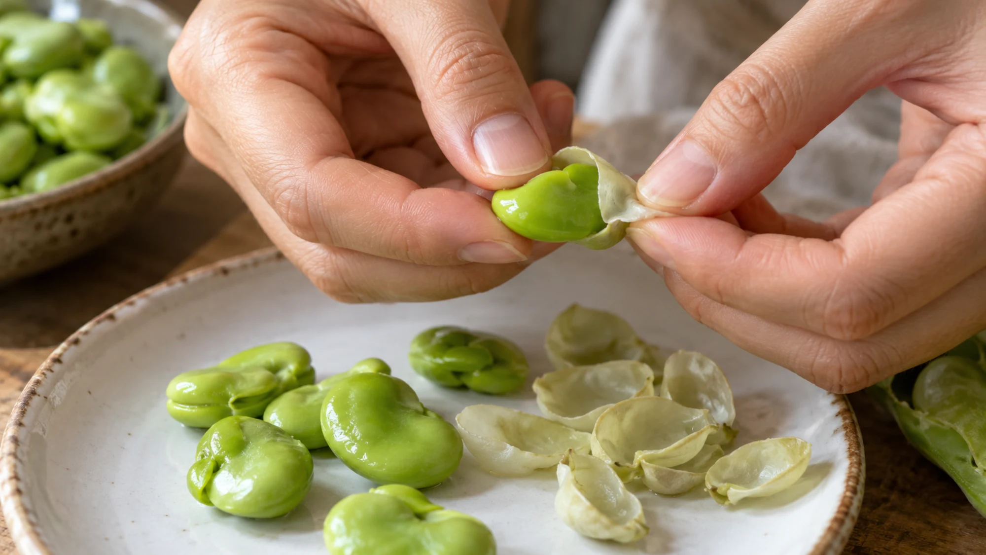 Adult hands removing the thin outer skin from a blanched fava bean over a plate.