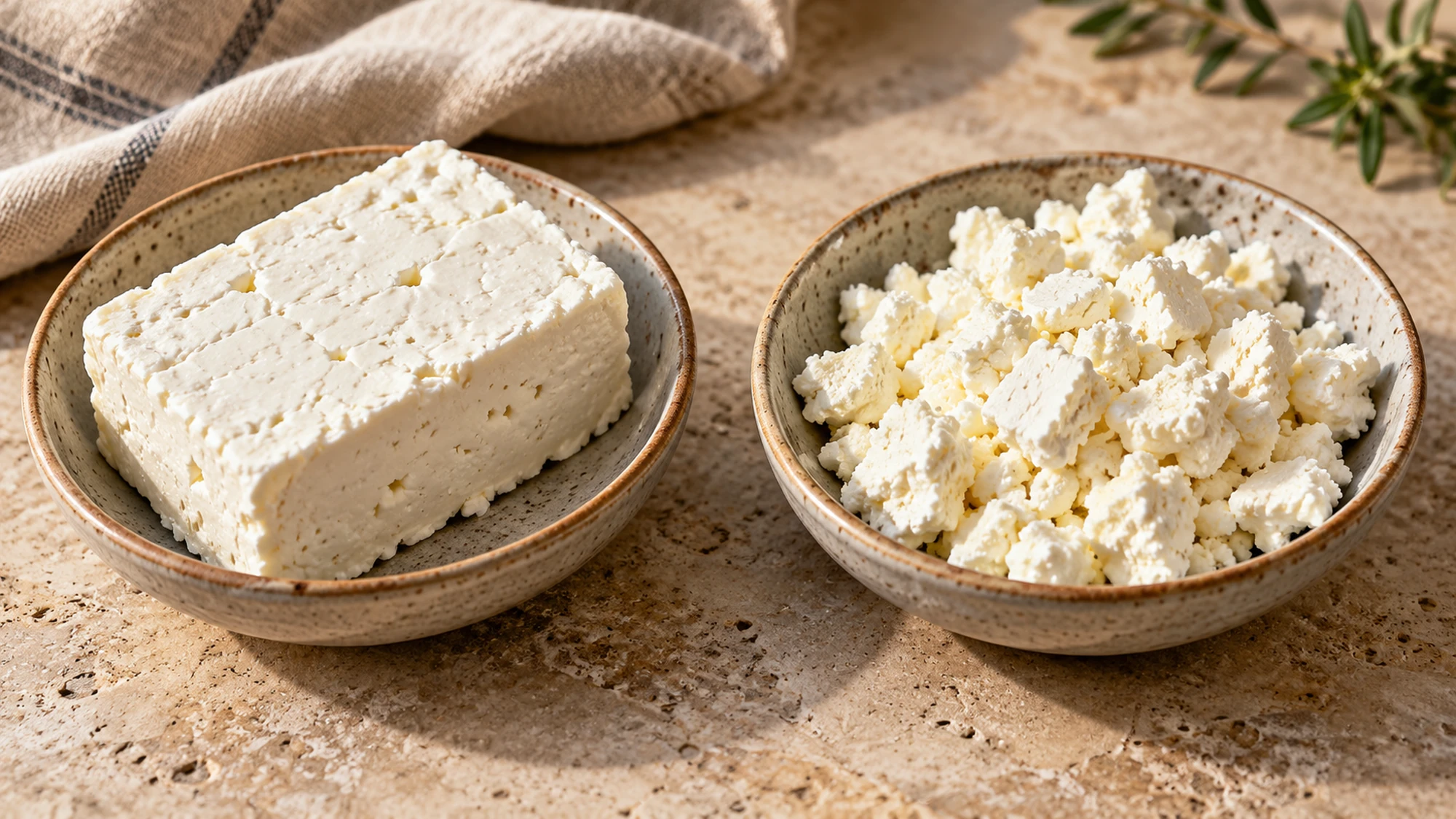 A feta cheese block and crumbled feta cheese presented in separate ceramic bowls.