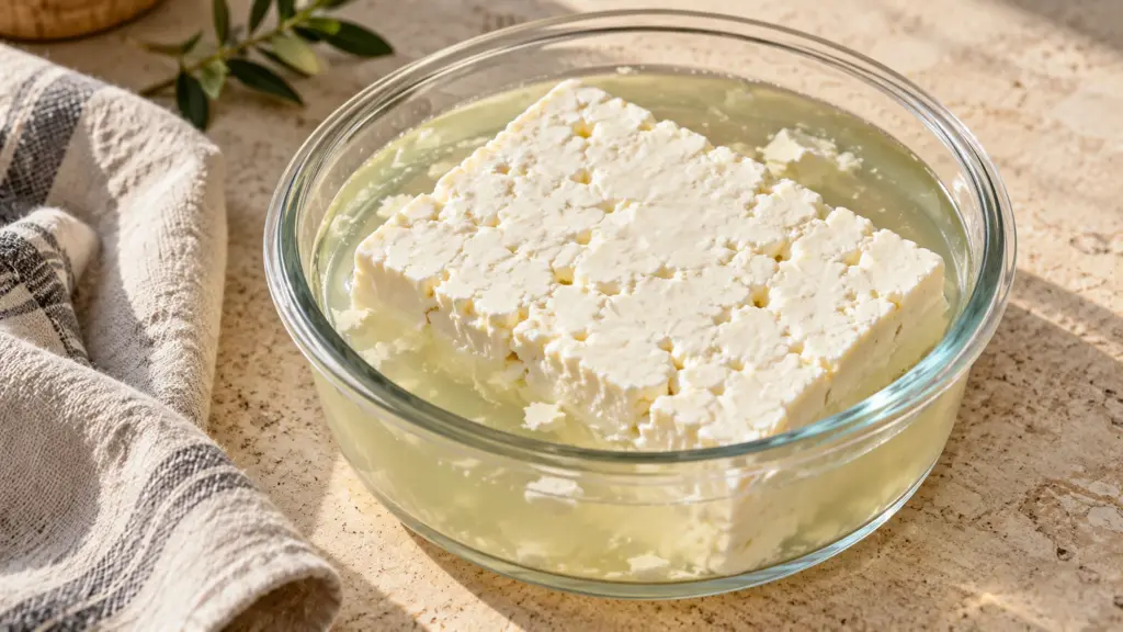 Feta cheese block resting in brine in a shallow glass container.