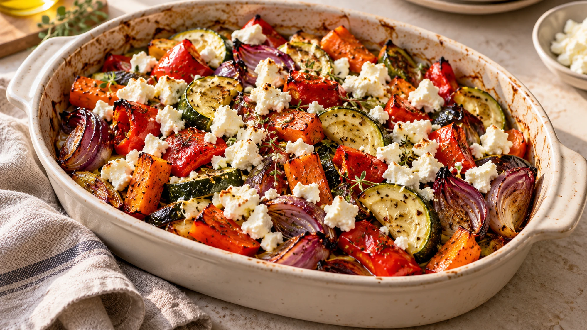Roasted zucchini, peppers, carrots and red onion topped with feta cheese.