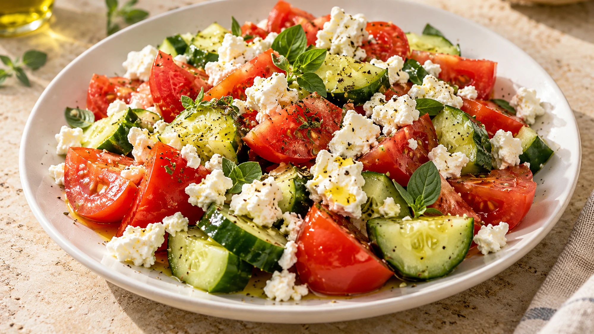 Crumbled feta cheese scattered over tomato and cucumber salad.