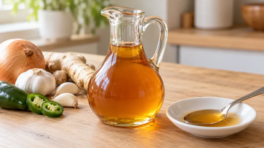 Fire cider in a glass cruet beside a spoonful of strained amber vinegar.