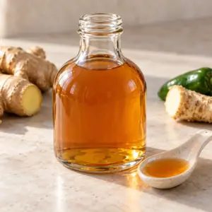 Strained fire cider in a clear bottle with a small ceramic spoon of amber vinegar.