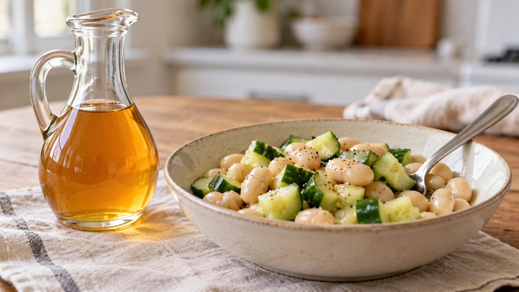 Fire cider beside a bowl of white beans and cucumber ready for a vinegar dressing.