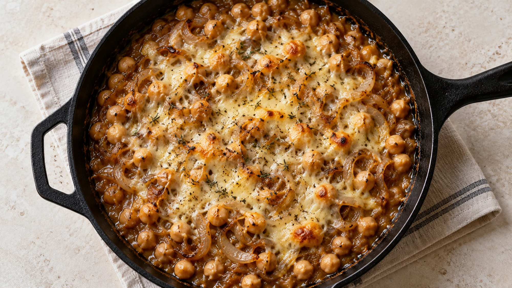 French onion chickpeas in a skillet under a lightly browned Gruyere topping