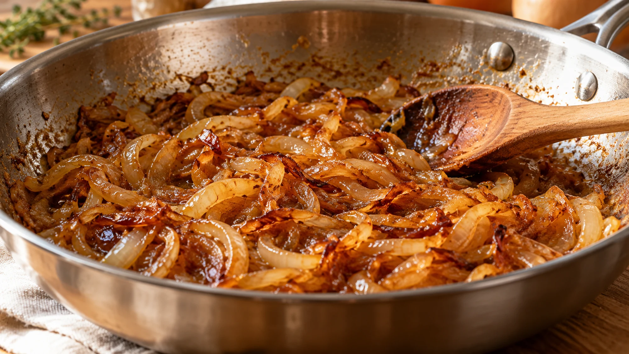 Golden caramelized onions forming the base for French onion chickpeas