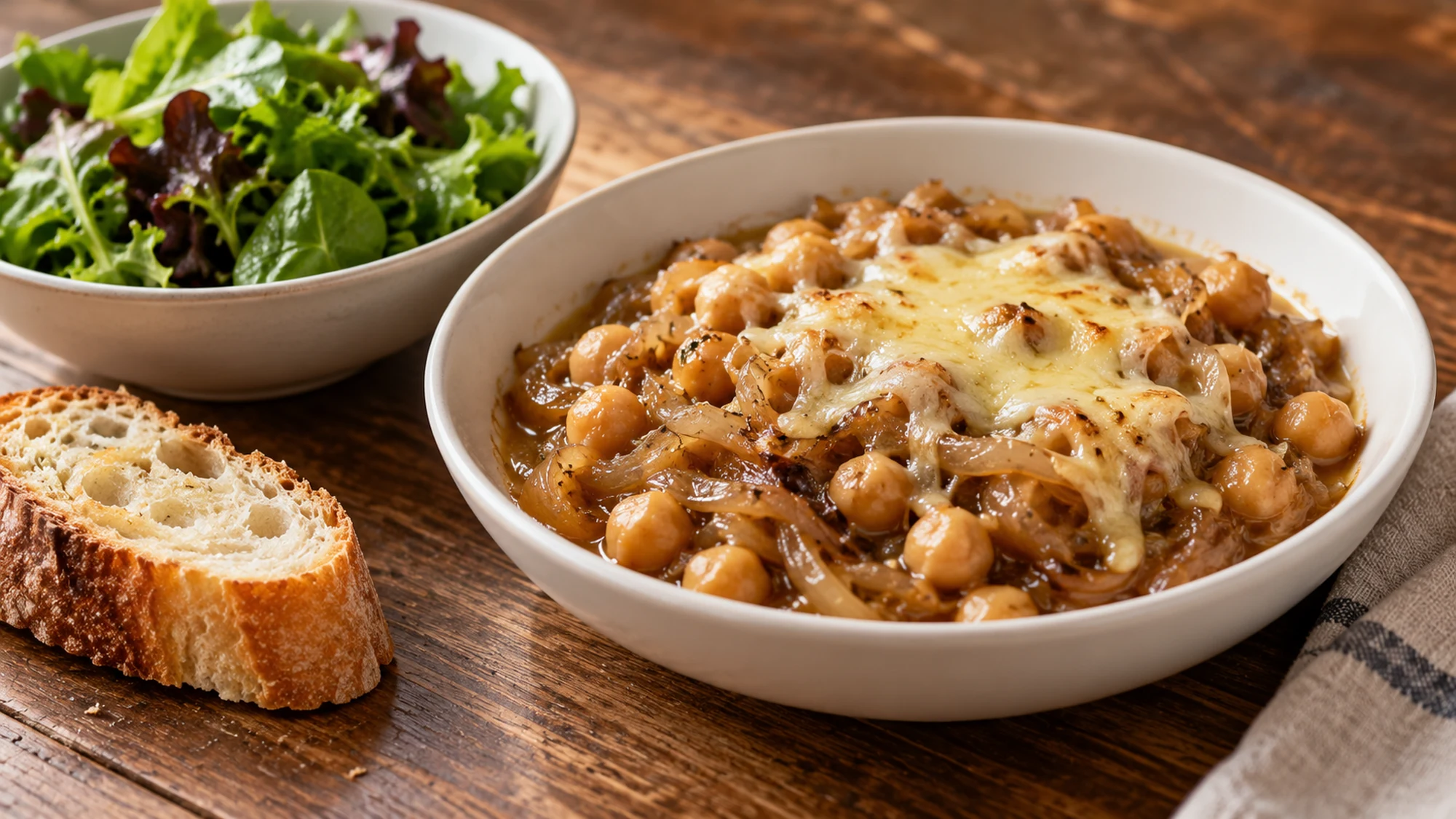 French onion chickpeas served beside a green salad and sliced baguette