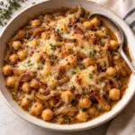 French onion chickpeas with whole chickpeas, soft onion ribbons and melted Gruyere