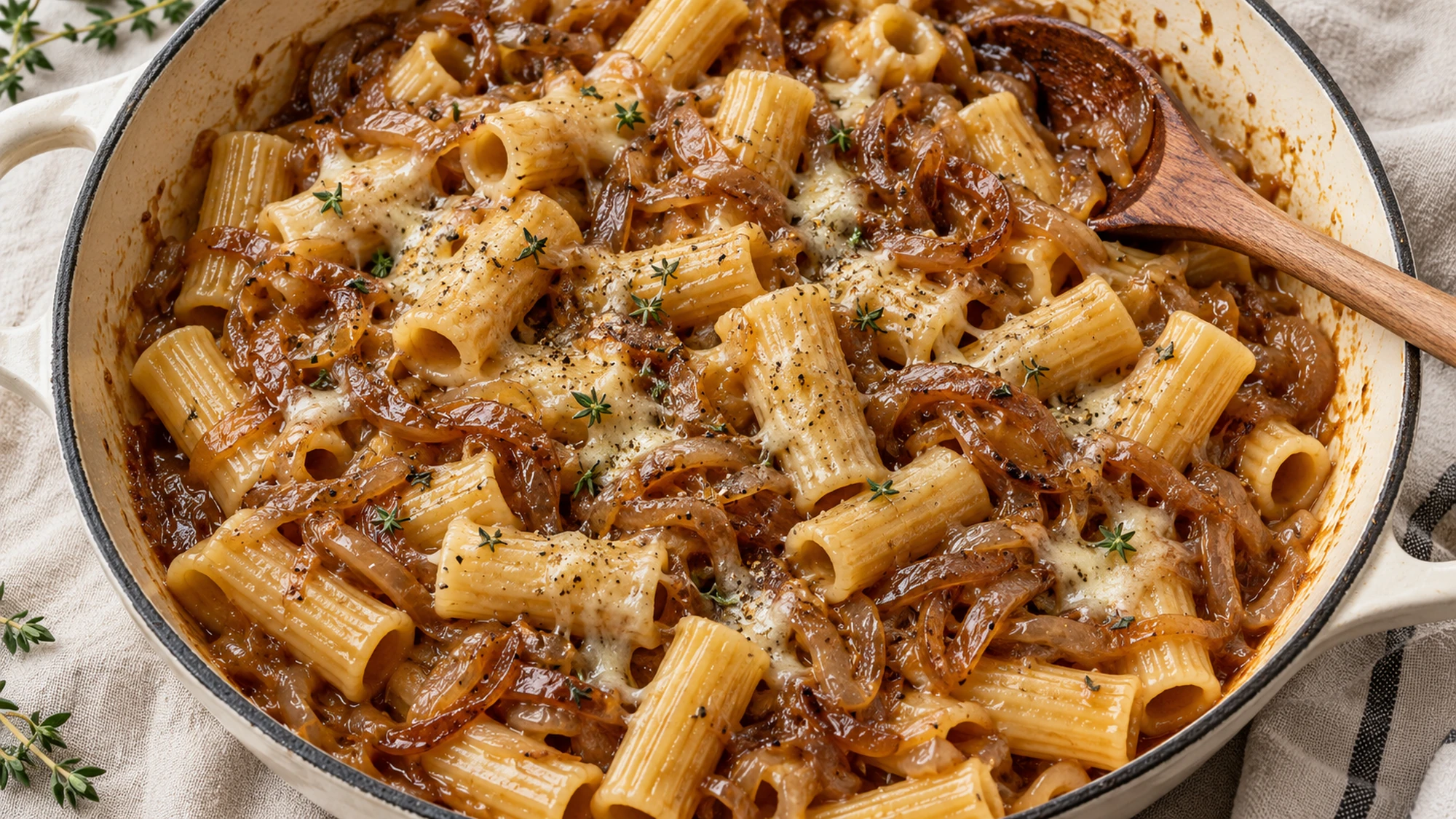 French onion pasta in a wide skillet with glossy rigatoni and brown onion ribbons