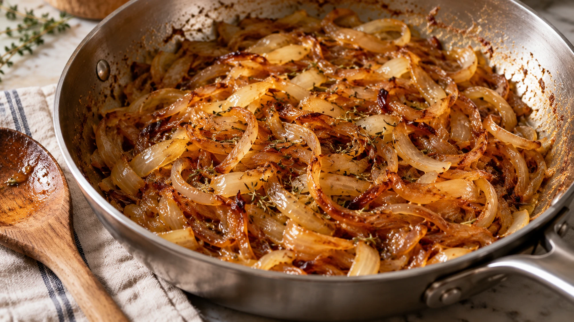 Deeply golden caramelized onions and thyme in a skillet for French onion pasta