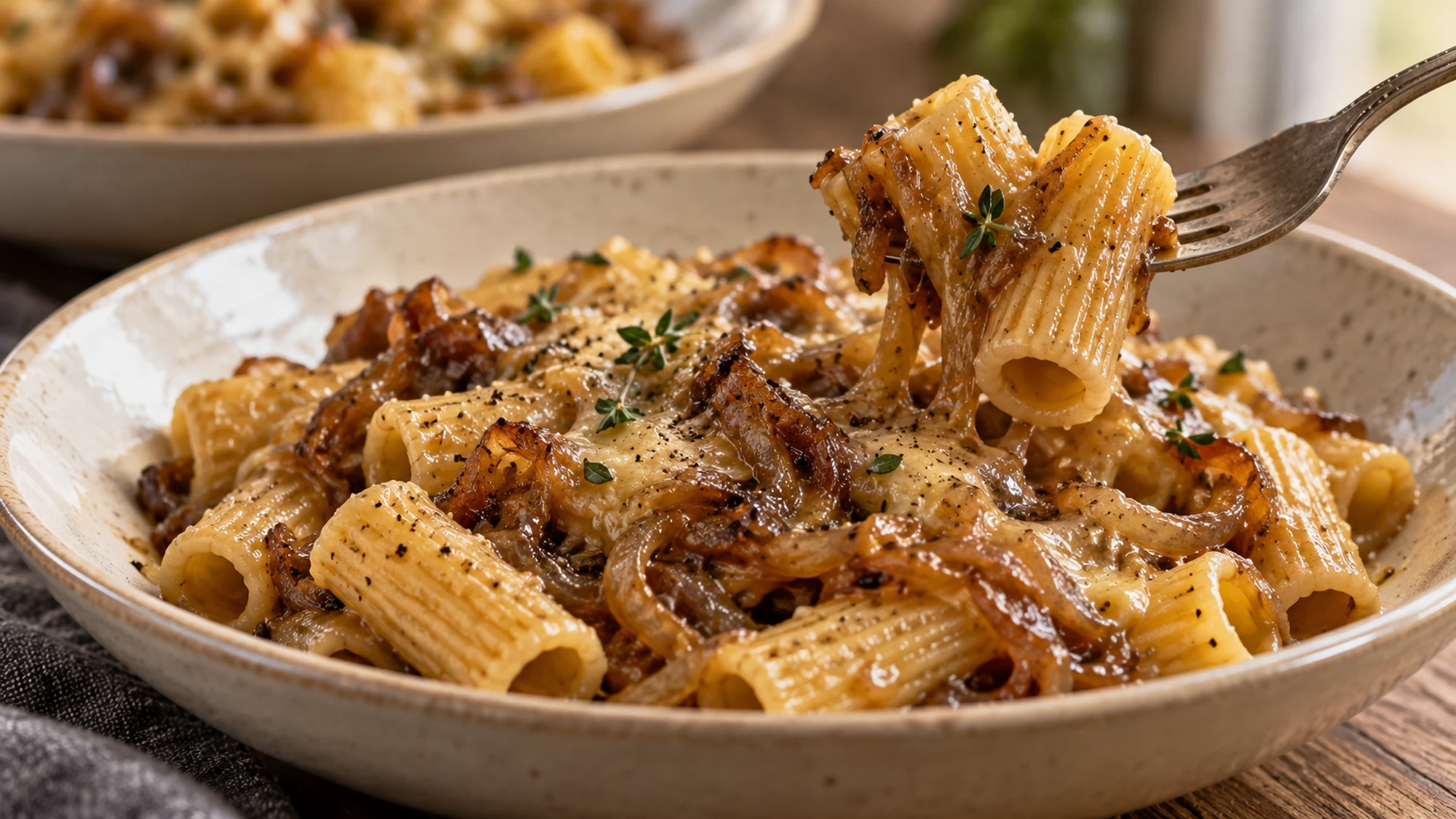 French onion pasta on a fork showing ridged rigatoni and tender onion ribbons