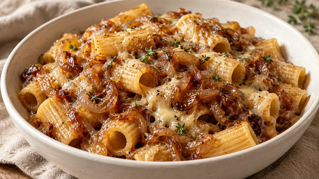 French onion pasta with caramelized onions and melted Gruyère in a shallow bowl