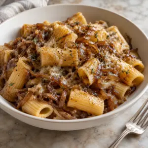 French onion pasta with Gruyère and caramelized onions in a shallow cream bowl