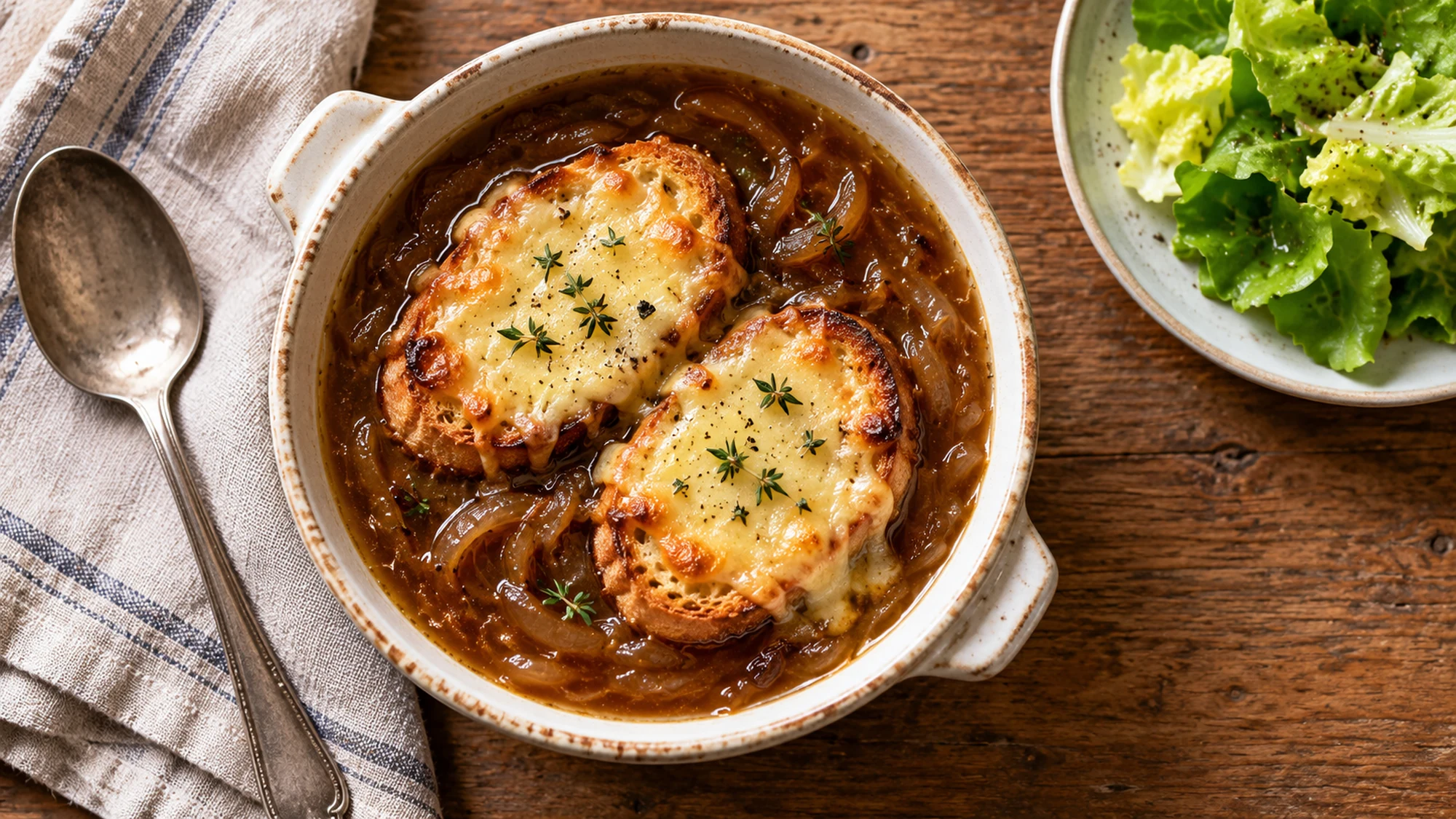French onion soup recipe served with two cheese toasts and a green salad