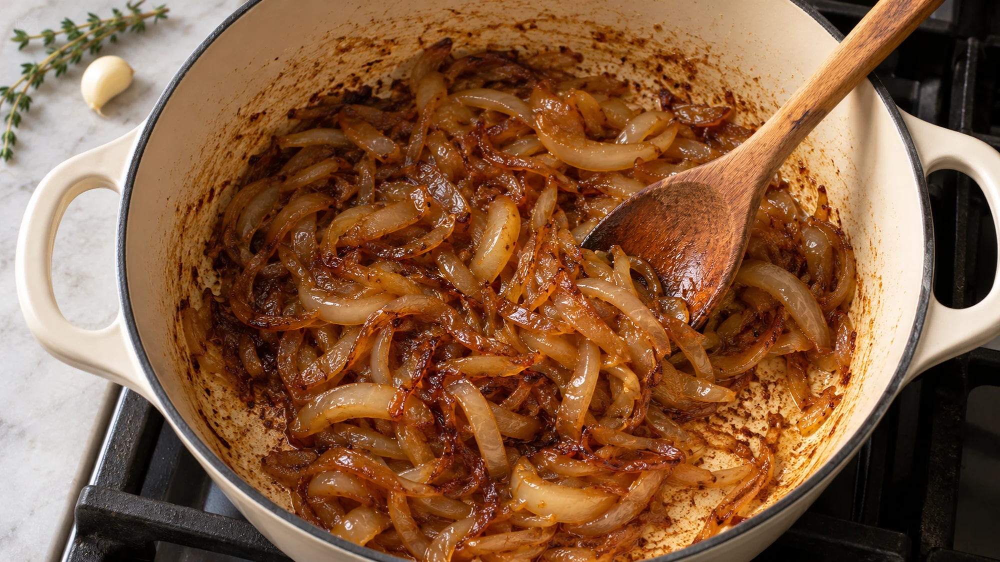 Deeply browned onions for this french onion soup recipe in a wide Dutch oven