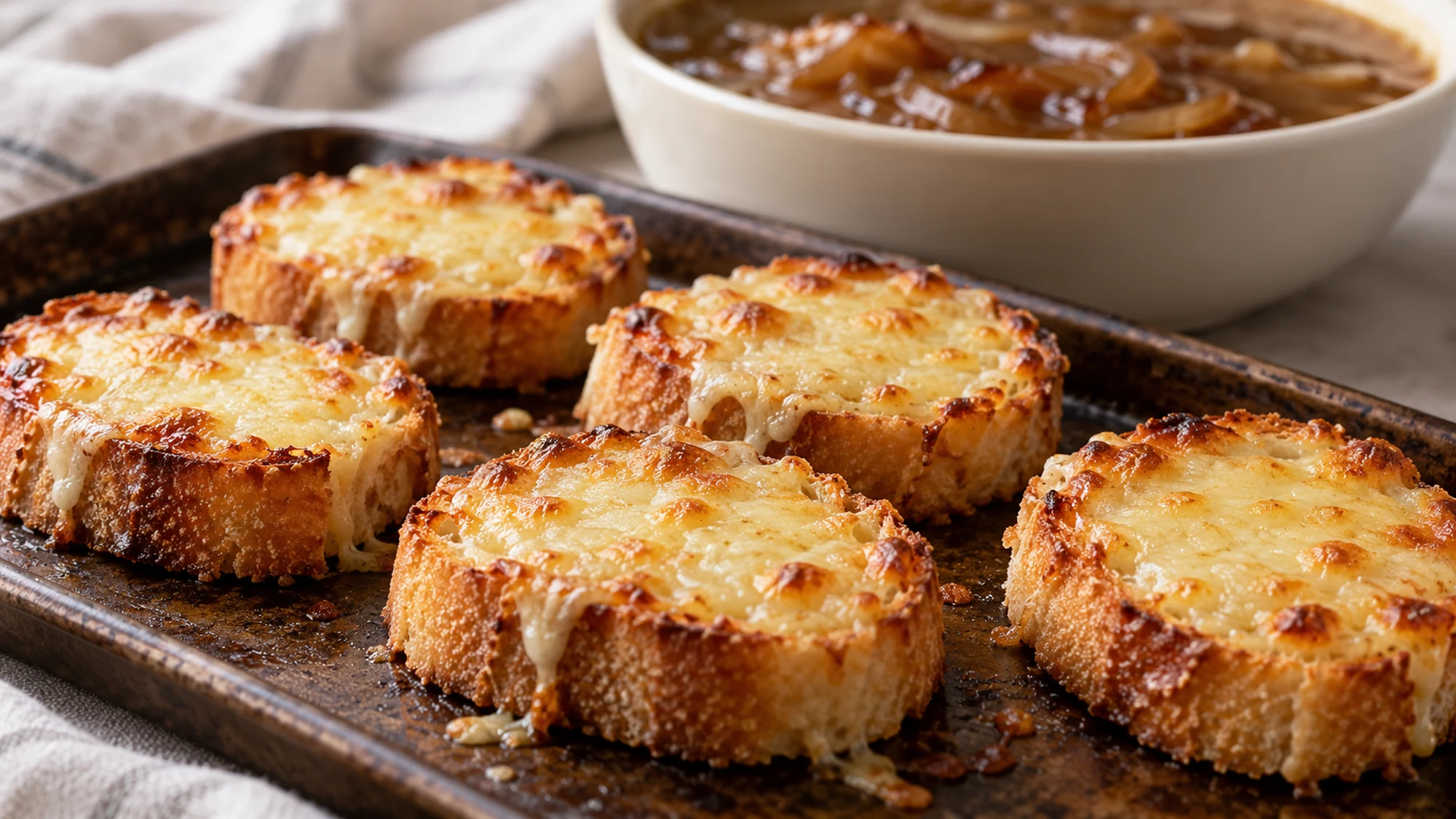 Gruyere toasts for the french onion soup recipe melting on a baking sheet