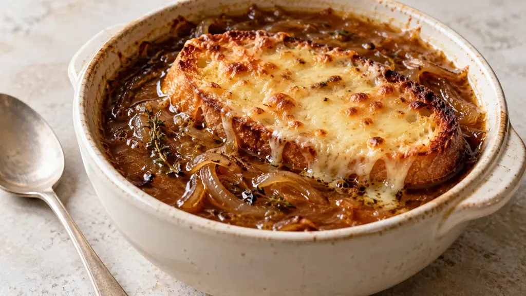 French onion soup recipe with golden Gruyere toast and tender caramelized onions in an ivory bowl