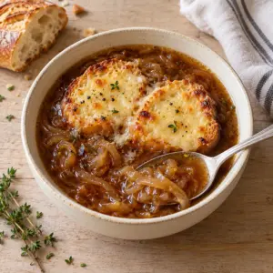 French onion soup recipe in a round bowl with a spoonful of onion broth